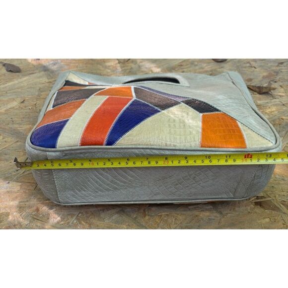 Vintage 1970’s Italian Croc Embossed Leather Patchwork Carry On Large Tote - Picture 9 of 14